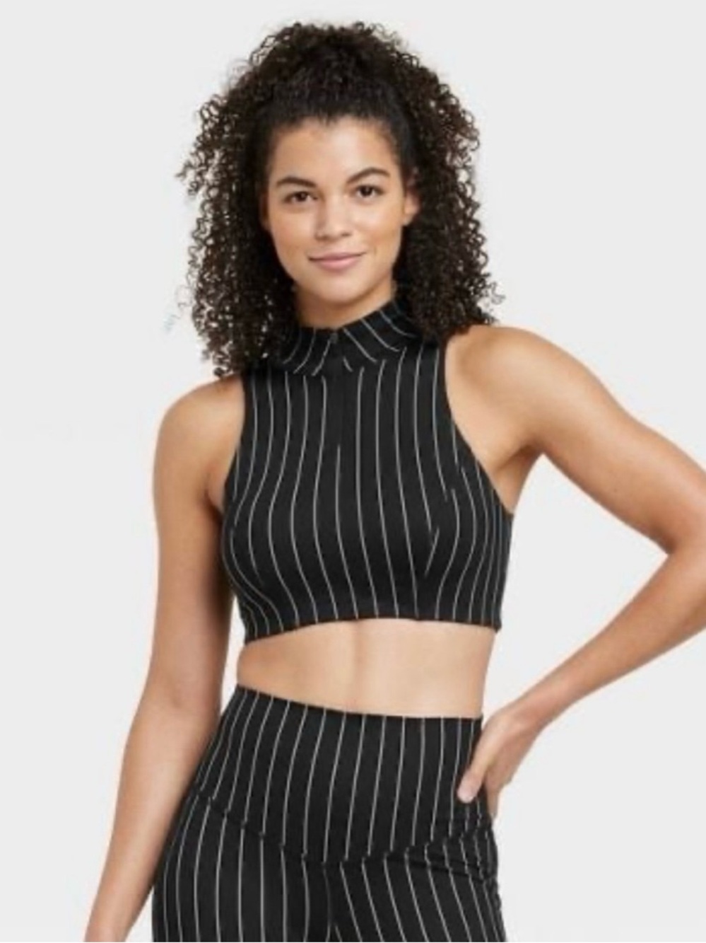 NWT JoyLab Black Pinstripe Cropped Longline Bra Women’s Active Wear | Size XL